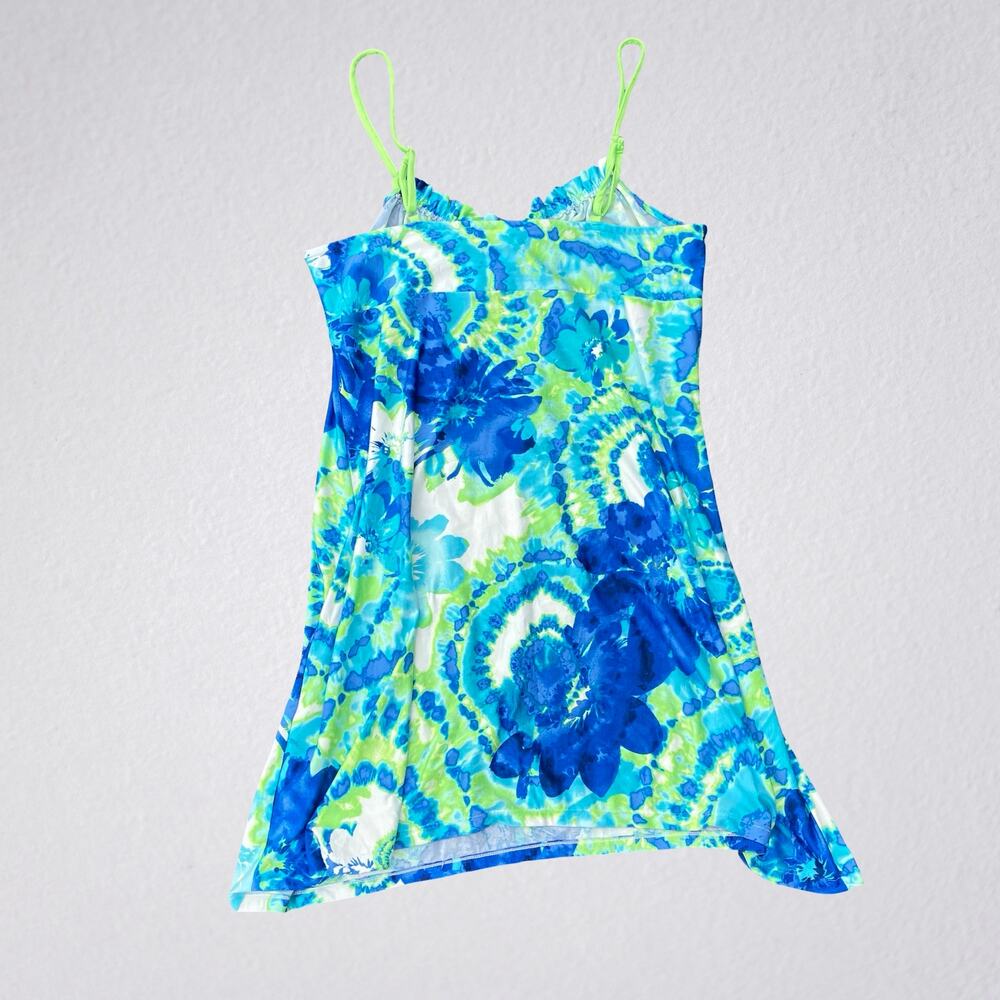 Blue and green babydoll tie dye mini dress with bow tie, fairycore bohemian